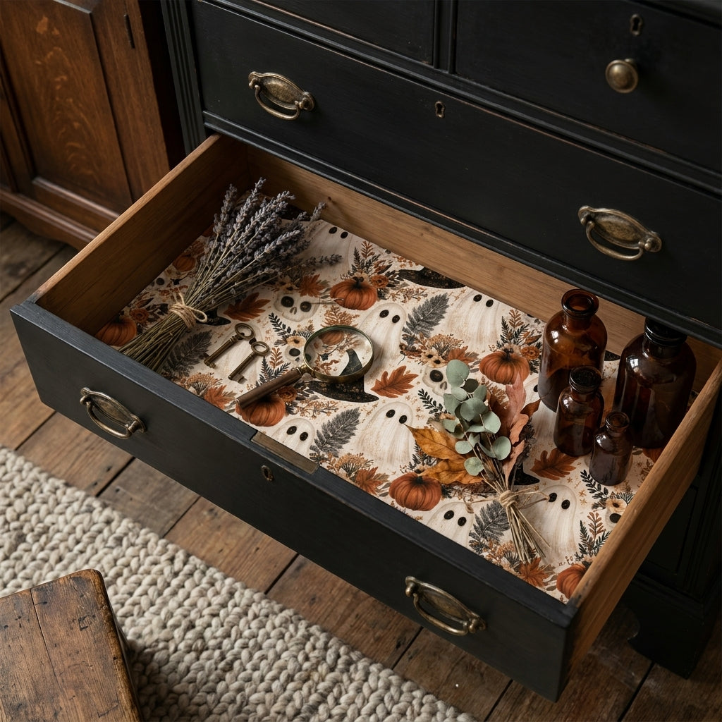 Vintage Halloween wrapping paper with ghosts and pumpkins used as a drawer liner by Wrapped Studios.