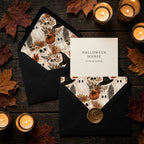 Spooky ghost and pumpkin Halloween wrapping paper pattern on elegant party invitations by Wrapped Studios.