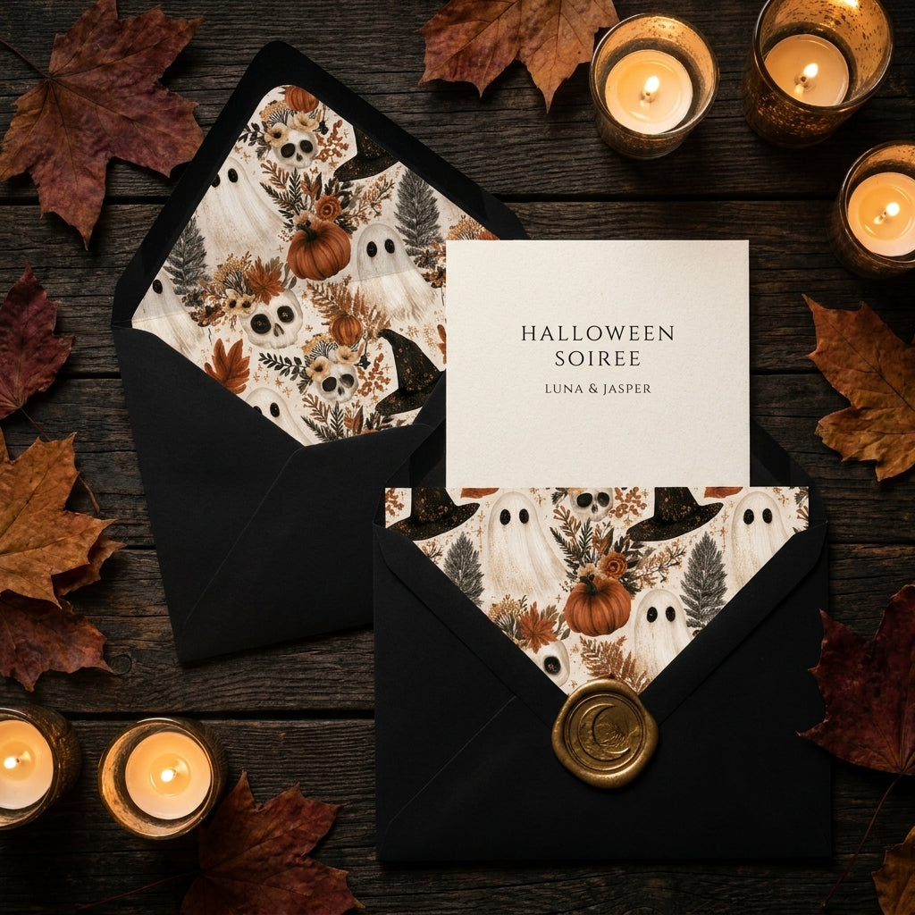 Spooky ghost and pumpkin Halloween wrapping paper pattern on elegant party invitations by Wrapped Studios.
