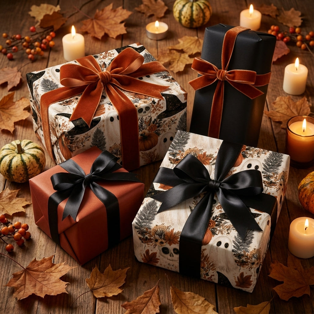Spooky Halloween wrapping paper with ghosts, pumpkins, and velvet ribbons on autumn table by Wrapped Studios.