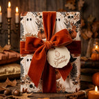Spooky ghost Halloween wrapping paper with a luxury rust velvet bow on a rustic table by Wrapped Studios.