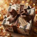 Vintage Halloween wrapping paper with ghosts and pumpkins by Wrapped Studios, tied with a brown satin bow.