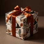 Vintage Halloween gift wrap featuring ghosts and witch hats with a copper ribbon by Wrapped Studios.