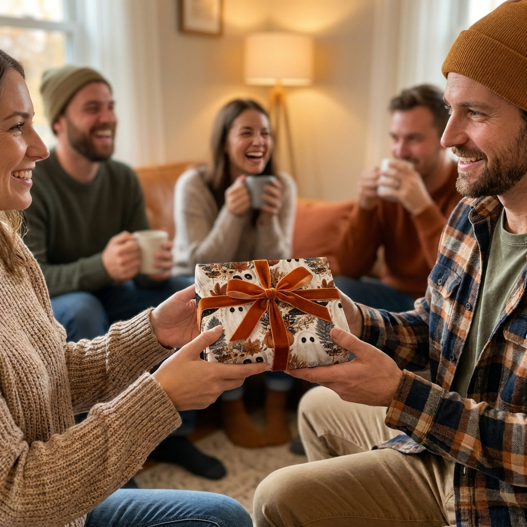 Cozy fall gift exchange featuring cute ghost wrapping paper with a velvet ribbon by Wrapped Studios.