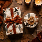 Halloween wrapping paper with vintage ghost pattern and orange velvet ribbon by Wrapped Studios.