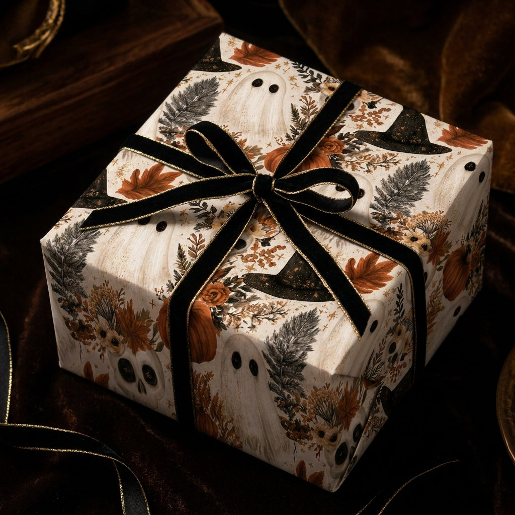 Vintage Halloween wrapping paper featuring ghosts and skulls with a black velvet bow by Wrapped Studios.