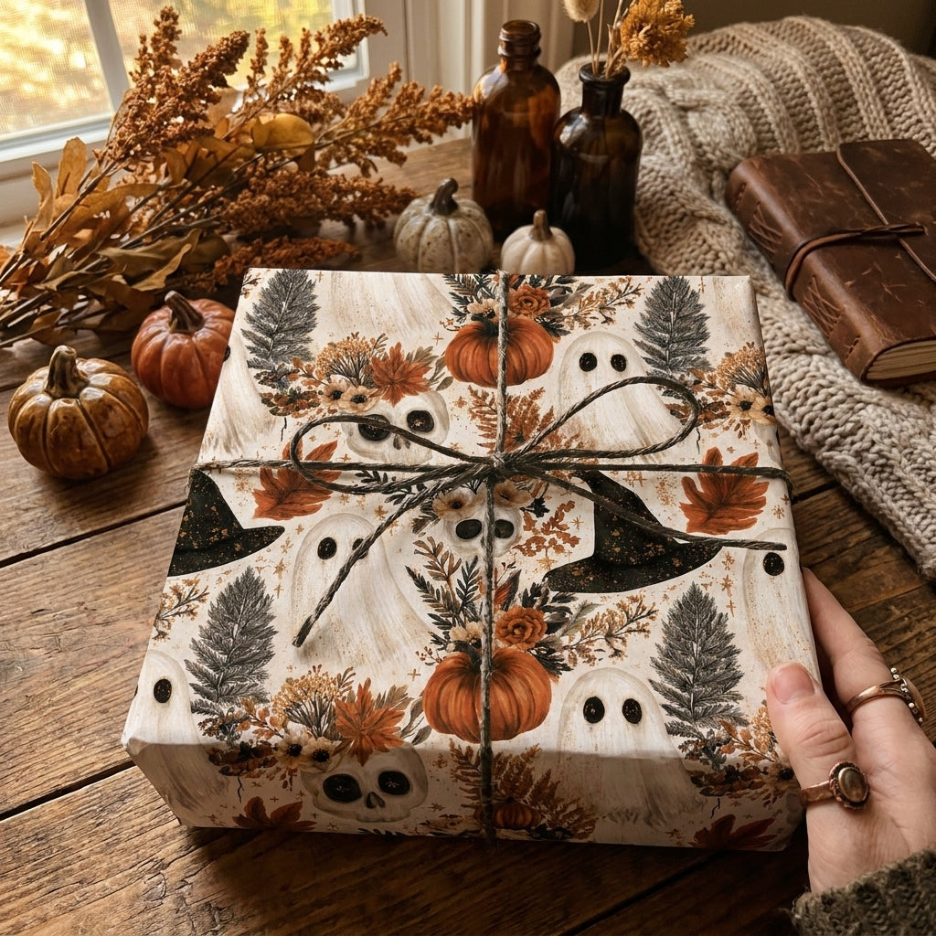Vintage Halloween wrapping paper with cute ghosts and pumpkins on a gift box by Wrapped Studios.