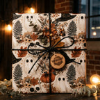 Spooky vintage Halloween wrapping paper with ghosts and pumpkins on a gift box by Wrapped Studios.