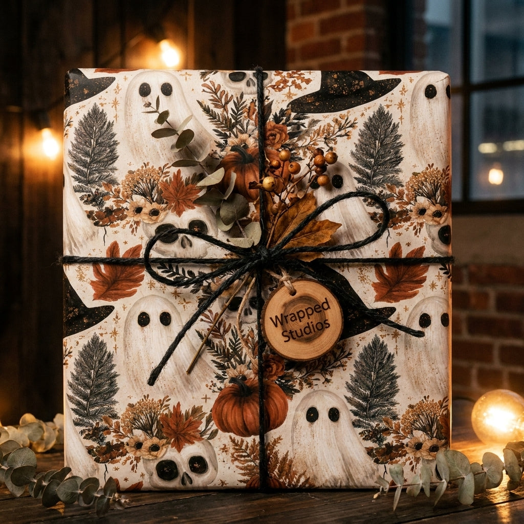 Spooky vintage Halloween wrapping paper with ghosts and pumpkins on a gift box by Wrapped Studios.