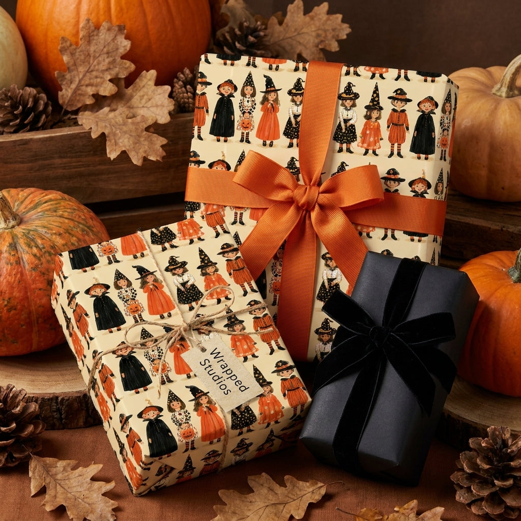 Vintage witch Halloween wrapping paper on gift boxes with orange ribbon and pumpkins by Wrapped Studios.