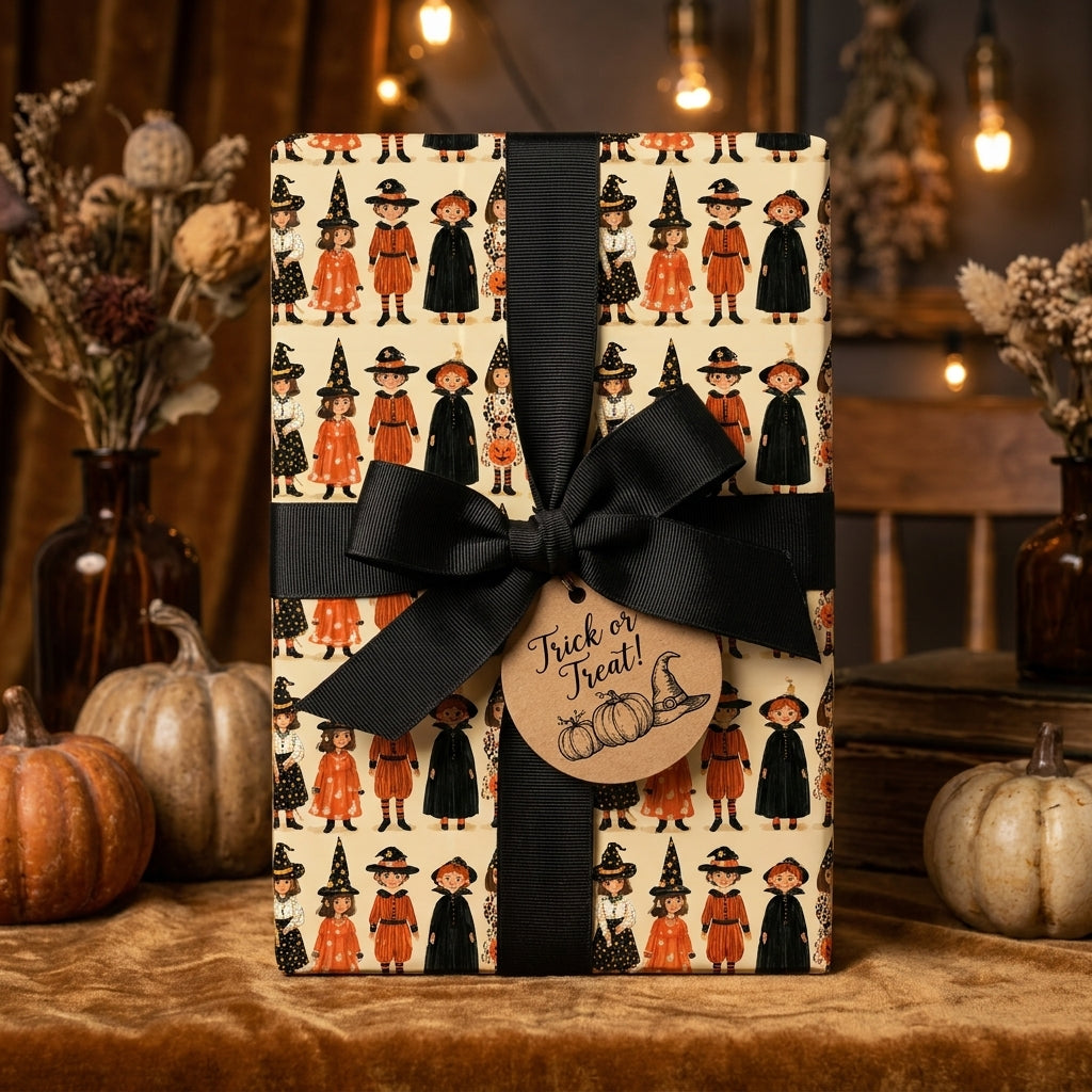 Vintage Halloween wrapping paper with cute witch pattern and black ribbon by Wrapped Studios.