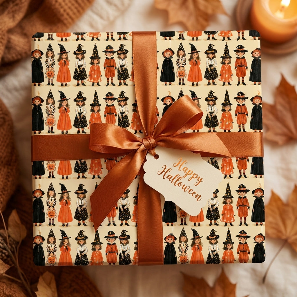 Vintage Halloween wrapping paper with a cute witch pattern and bronze satin bow by Wrapped Studios.