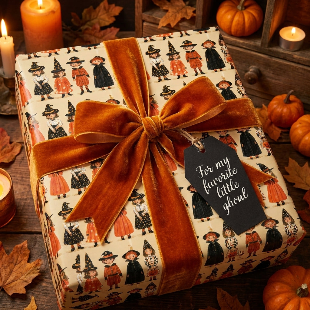 Vintage Halloween wrapping paper with cute witches, an orange velvet bow, and a coffin tag by Wrapped Studios.