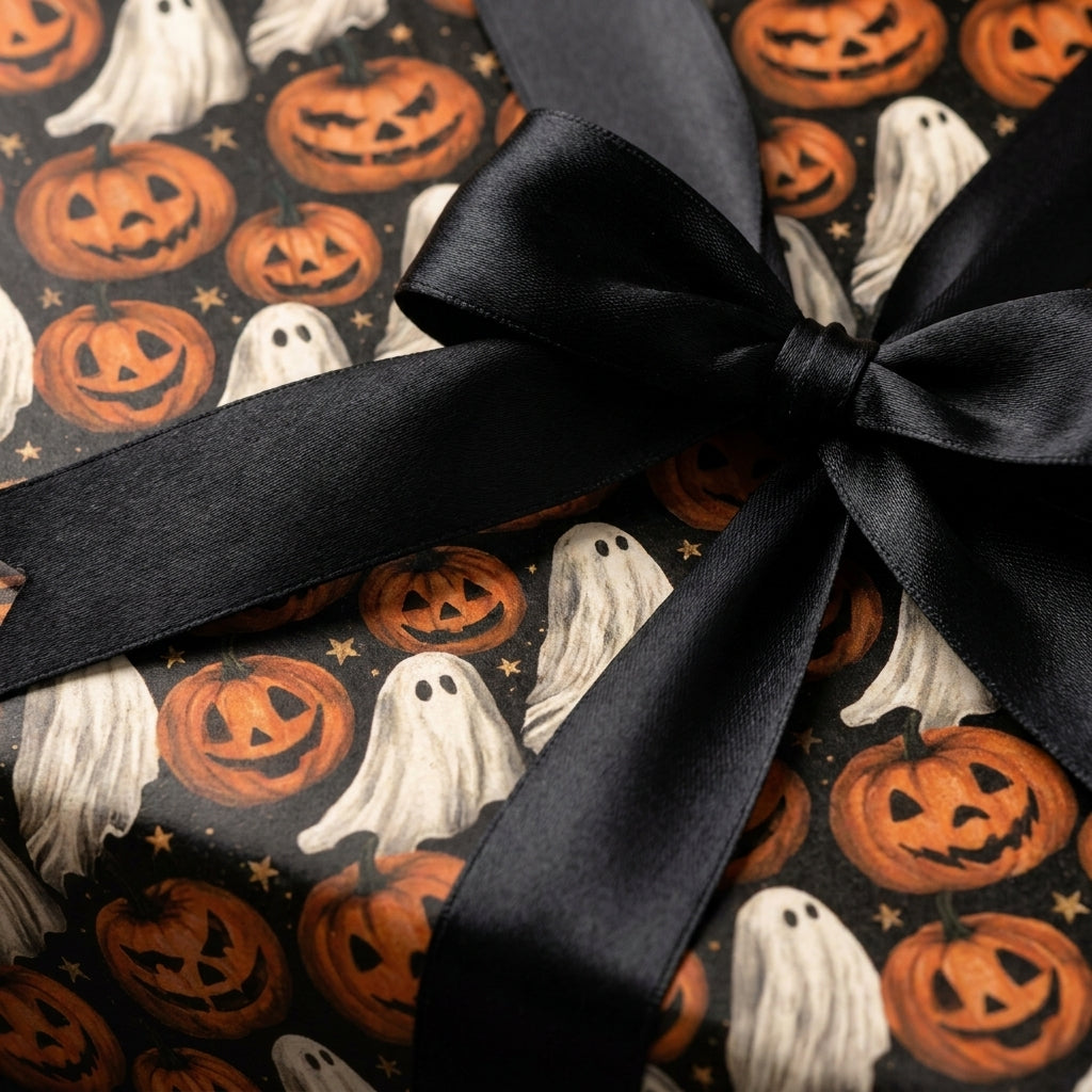 Halloween wrapping paper with ghosts and pumpkins, tied with a black satin bow by Wrapped Studios.