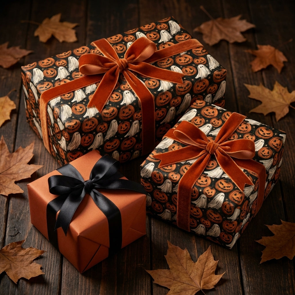 Halloween wrapping paper with ghosts and pumpkins, tied with orange velvet bows by Wrapped Studios.