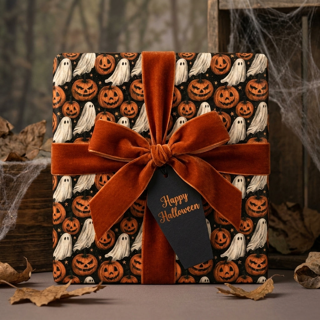 Halloween wrapping paper with ghosts and pumpkins, tied with an orange velvet ribbon by Wrapped Studios.