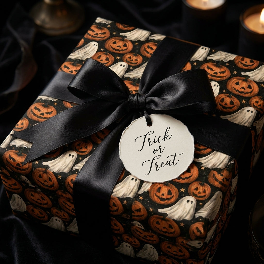 Halloween wrapping paper with pumpkins and ghosts, featuring a black satin bow by Wrapped Studios.