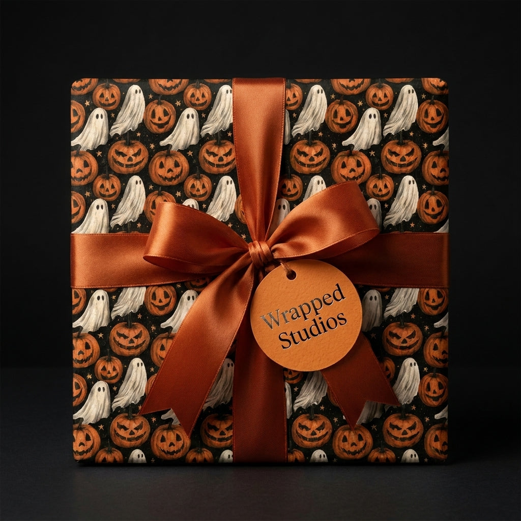 Spooky Halloween wrapping paper with ghosts and pumpkins, tied with an orange bow by Wrapped Studios.