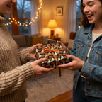 Friends exchanging a gift in cute ghost and pumpkin Halloween wrapping paper by Wrapped Studios.