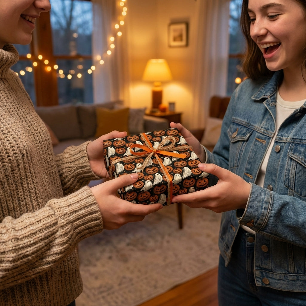 Friends exchanging a gift in cute ghost and pumpkin Halloween wrapping paper by Wrapped Studios.