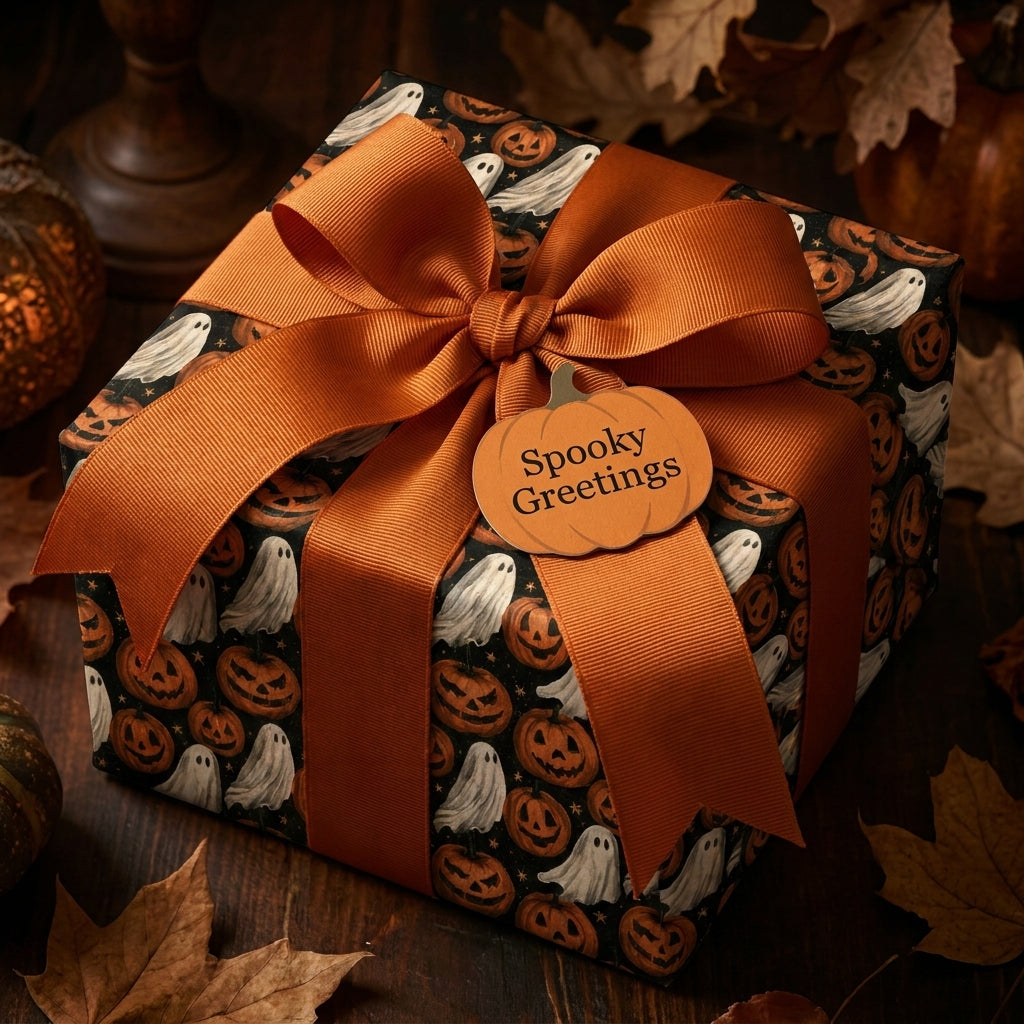 Spooky Halloween wrapping paper with ghosts and pumpkins, tied with a large orange bow by Wrapped Studios.