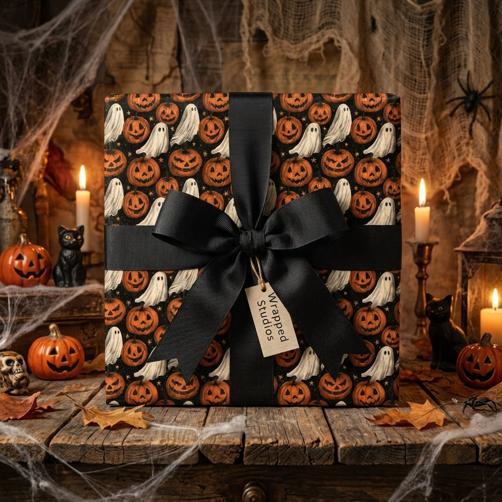 Spooky Halloween wrapping paper with ghosts and jack-o'-lanterns, tied with a black bow by Wrapped Studios.