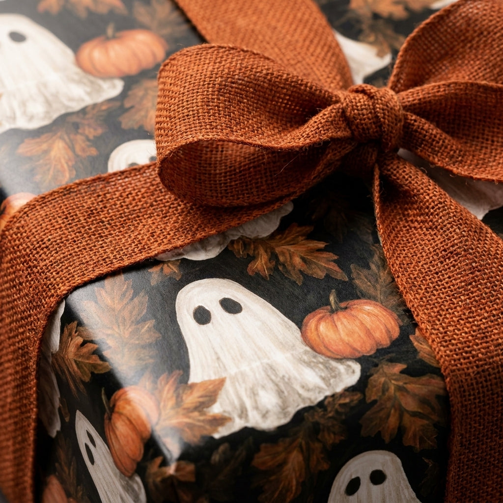 Spooky ghost and pumpkin Halloween wrapping paper with orange burlap ribbon by Wrapped Studios.