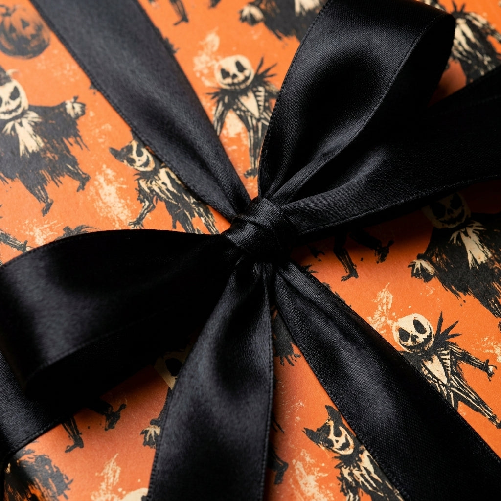 Spooky orange Halloween wrapping paper with skeleton pattern and black satin bow by Wrapped Studios.