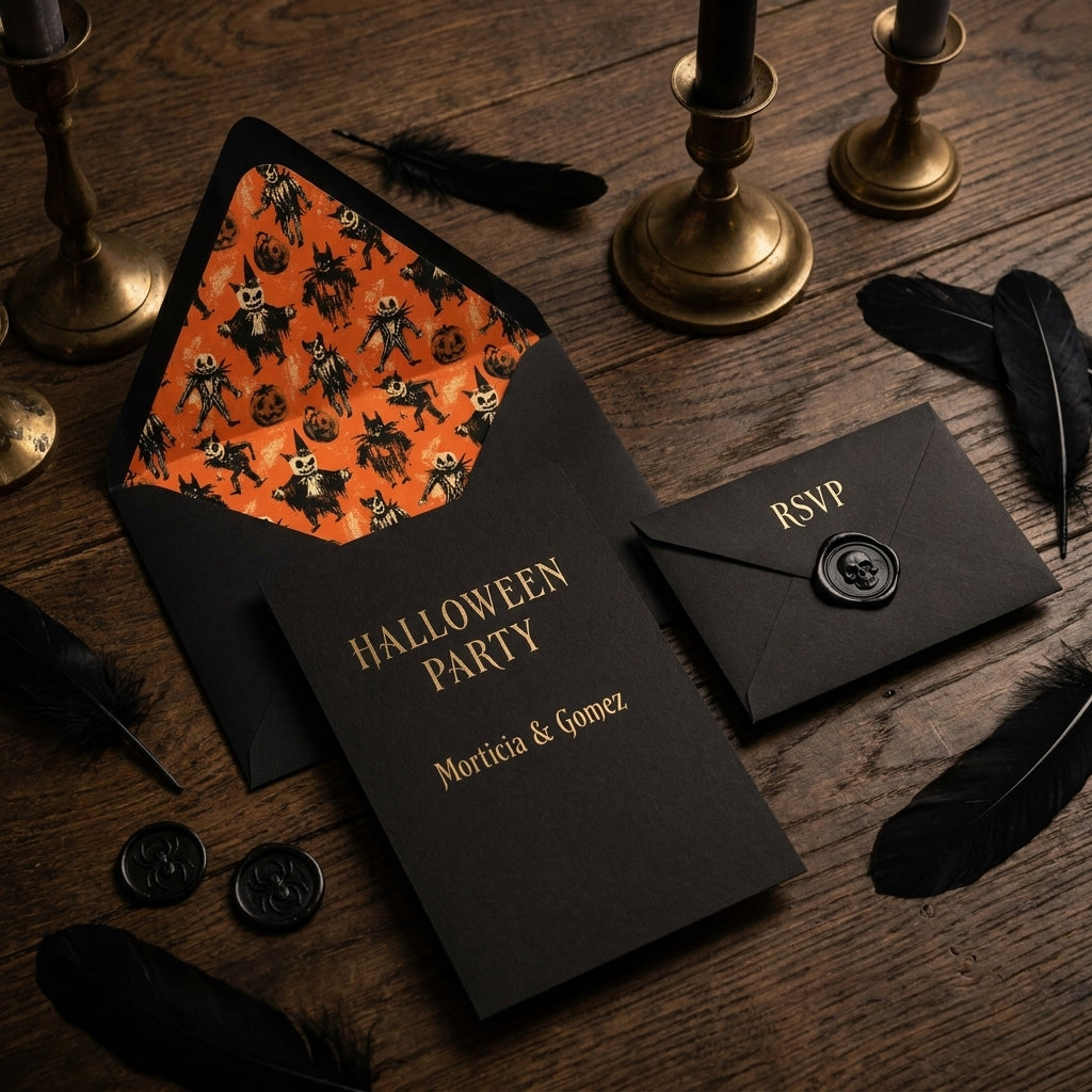 Luxury gothic Halloween party invitation with gold foil text and spooky orange envelope liner by Wrapped Studios.