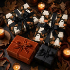Spooky ghost and pumpkin Halloween wrapping paper on gift boxes by Wrapped Studios.