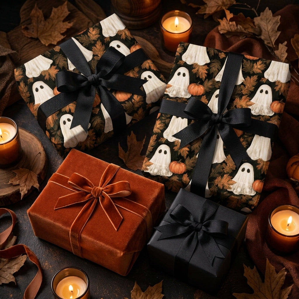 Spooky ghost and pumpkin Halloween wrapping paper on gift boxes by Wrapped Studios.