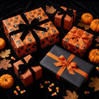 Spooky Halloween wrapping paper with vintage characters, velvet bows, and pumpkins by Wrapped Studios.
