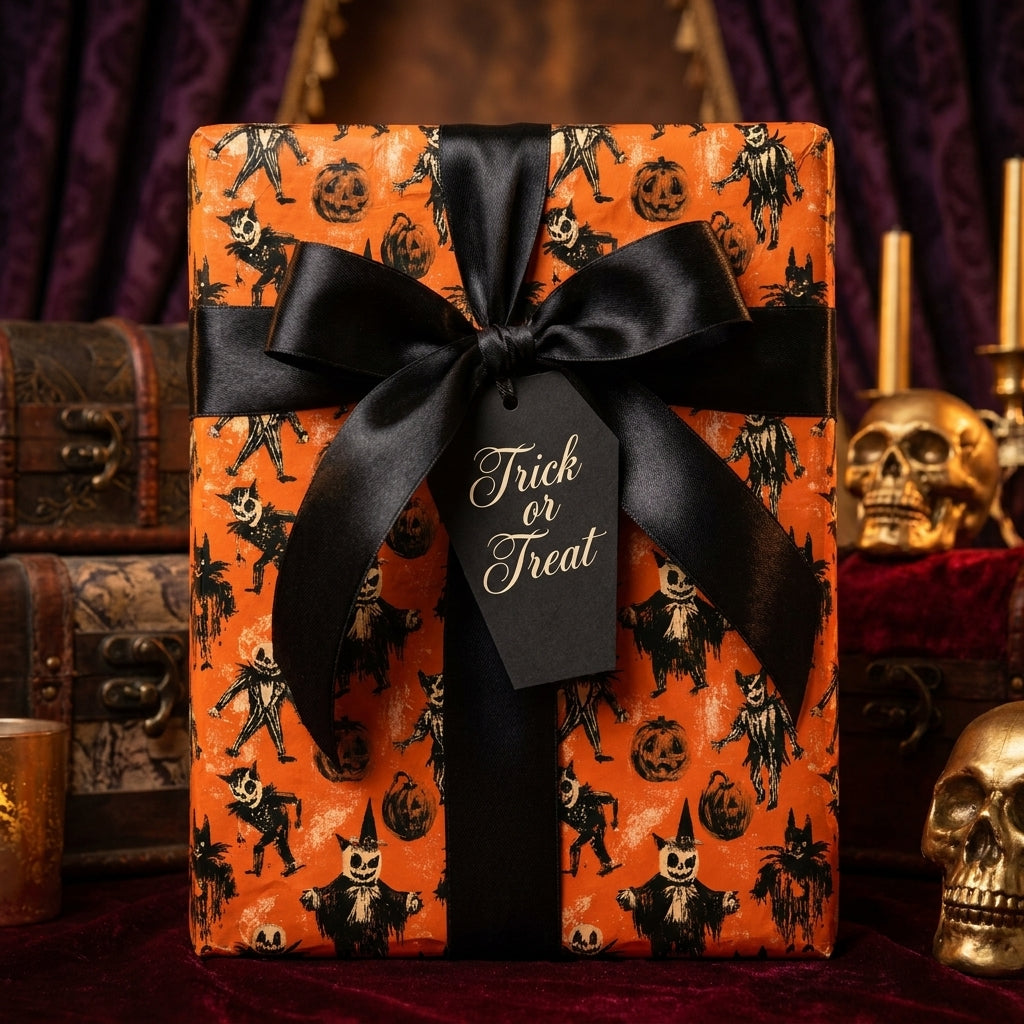 Vintage Halloween wrapping paper with a black satin bow and Trick or Treat tag by Wrapped Studios.