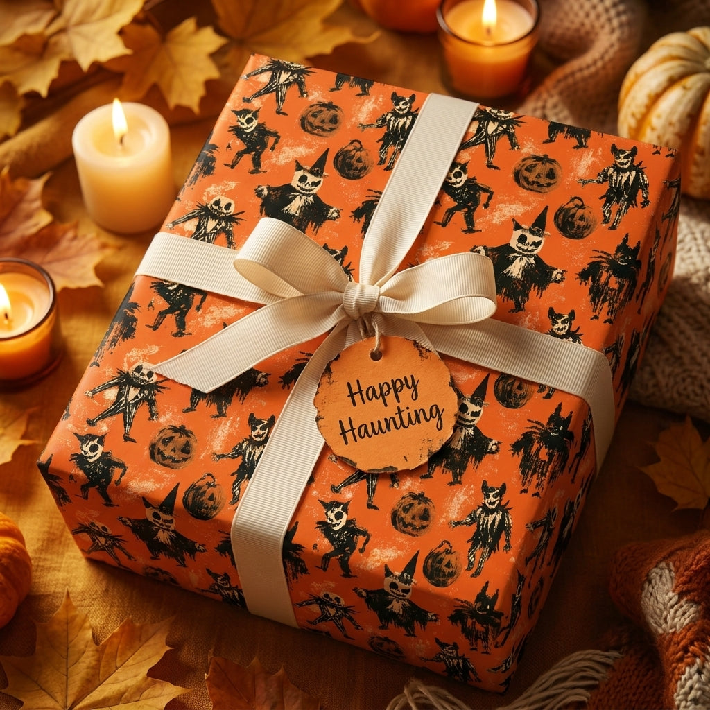 Spooky Halloween gift wrap with vintage orange monster pattern by Wrapped Studios, tied with a cream bow.