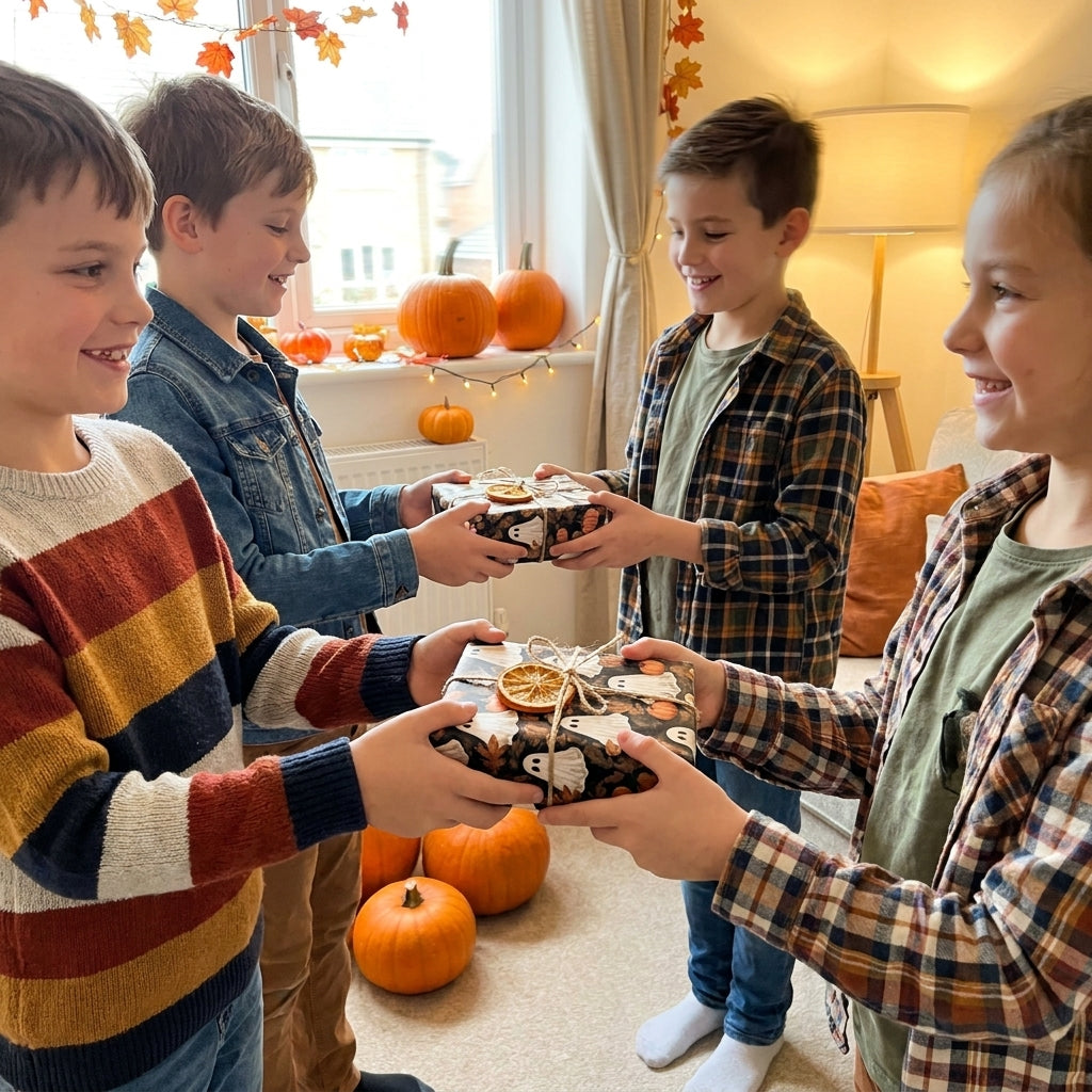 Kids exchanging gifts in ghost and pumpkin Halloween wrapping paper by Wrapped Studios.