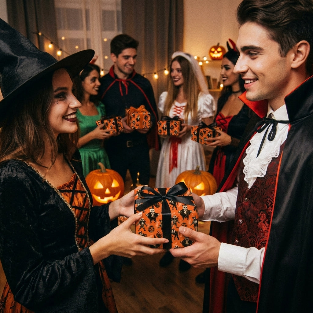 Spooky orange Halloween wrapping paper with black ribbon at a costume party, Wrapped Studios.