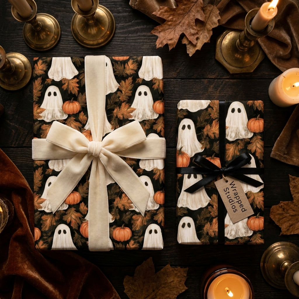 Spooky ghost and pumpkin Halloween wrapping paper with luxury velvet ribbons, by Wrapped Studios.