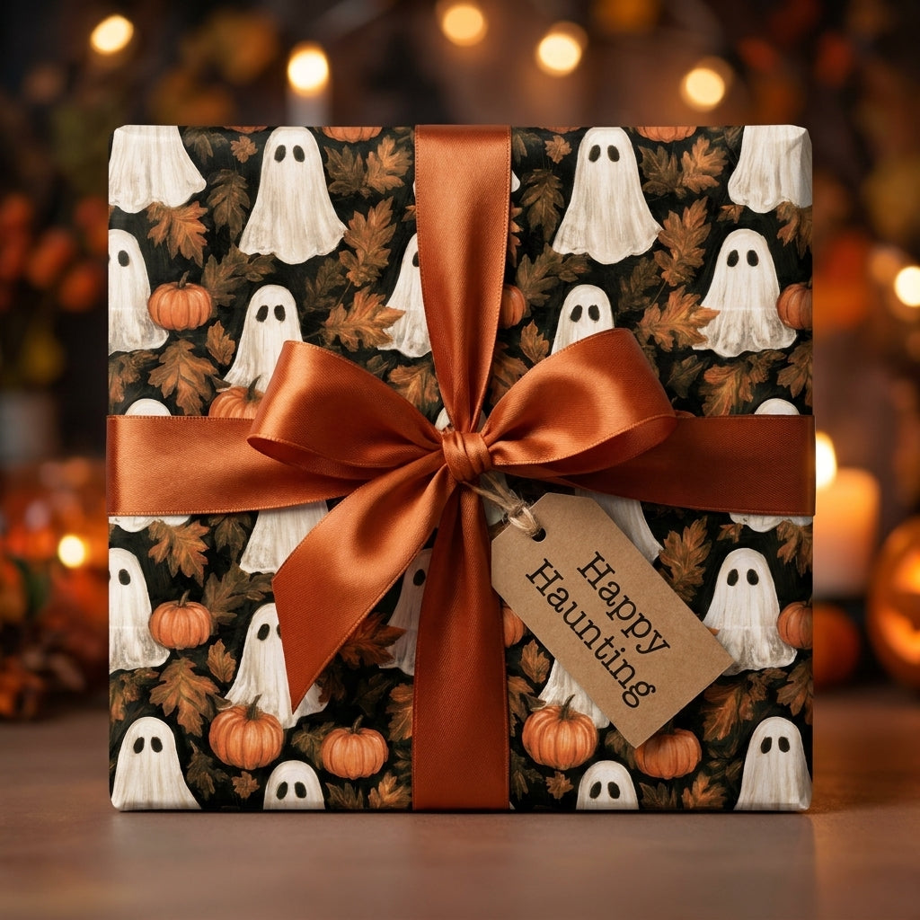 Spooky ghost Halloween wrapping paper with pumpkins and an orange satin bow by Wrapped Studios.