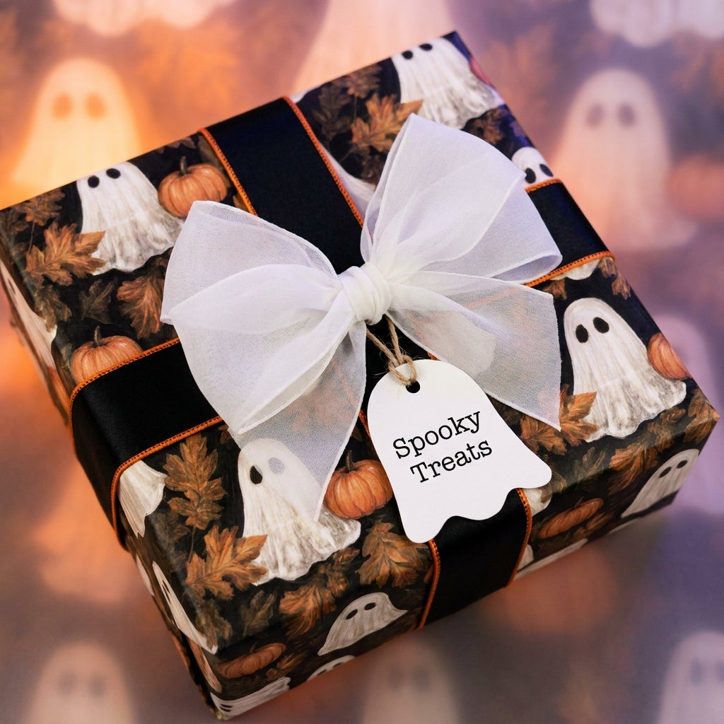 Ghost Halloween wrapping paper with a white bow and spooky treats tag by Wrapped Studios.