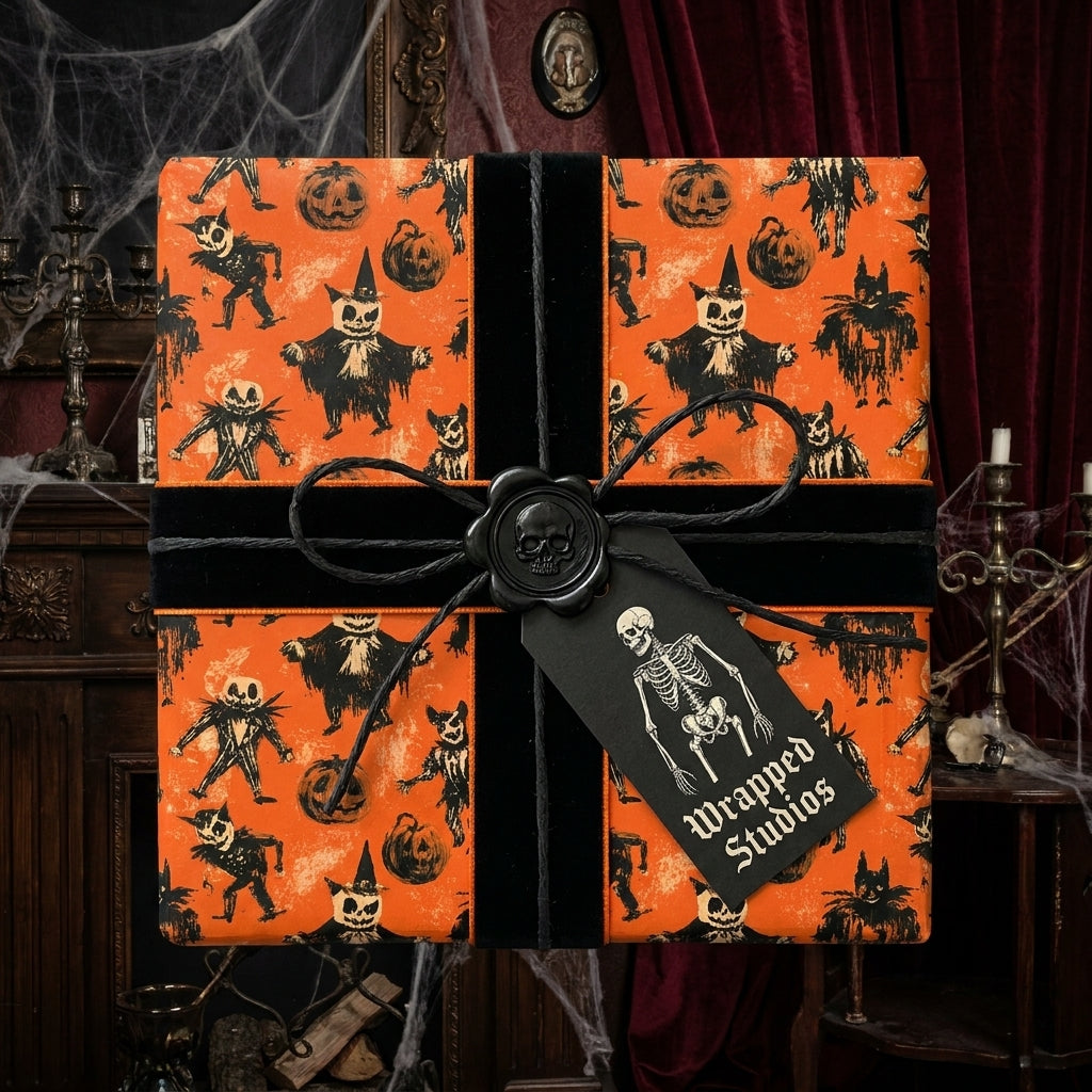 Spooky vintage Halloween wrapping paper in orange and black with skeleton gift tag by Wrapped Studios.