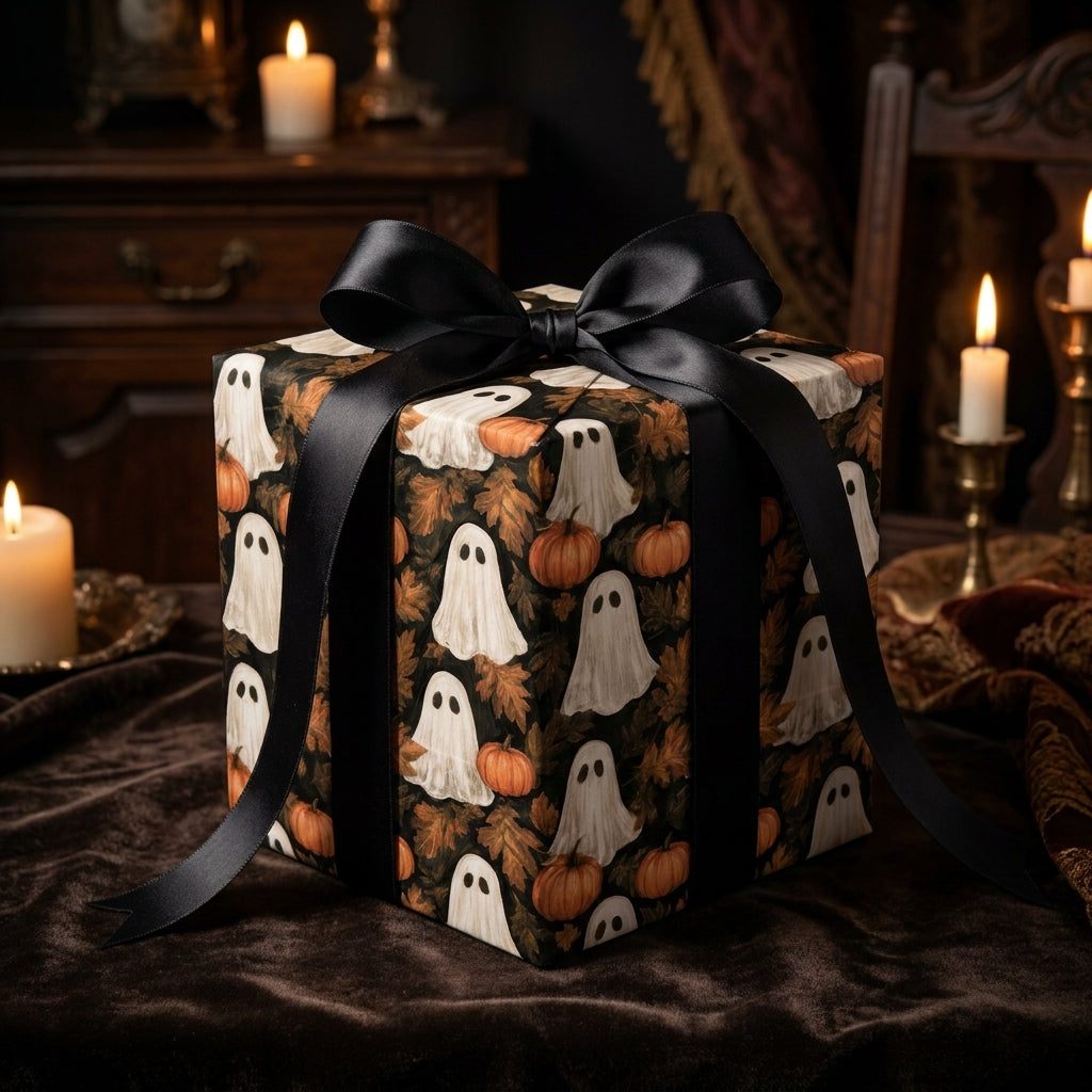 Spooky ghost wrapping paper with pumpkins and a black satin bow on a gift box, by Wrapped Studios.