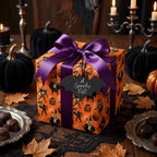 Spooky Halloween gift wrap with vintage orange pumpkin pattern and purple satin bow by Wrapped Studios.