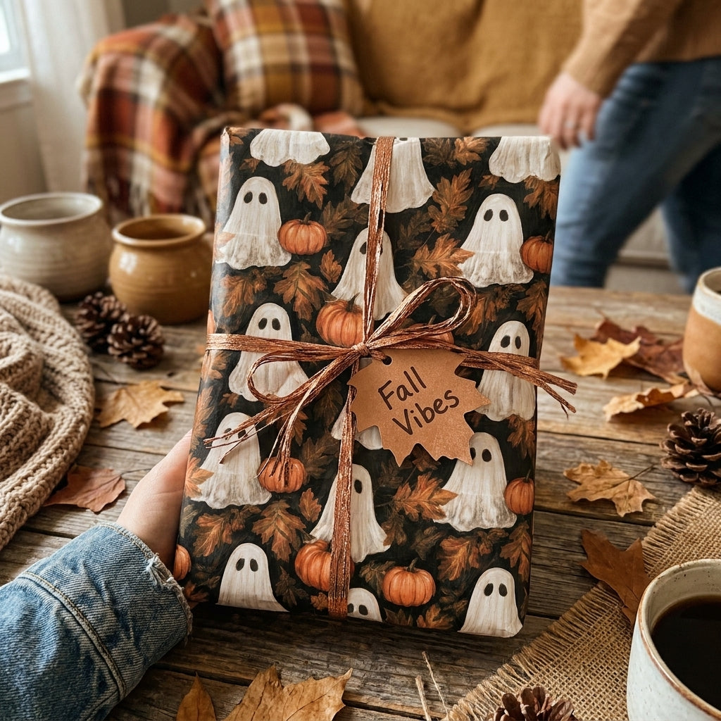 Ghost and pumpkin Halloween wrapping paper on a cozy rustic gift box, by Wrapped Studios.