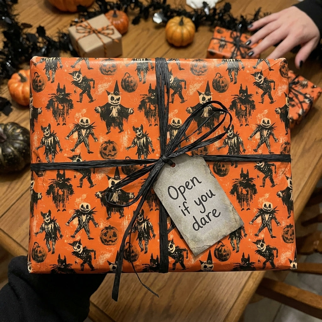 Spooky vintage Halloween wrapping paper with orange monster pattern and black ribbon by Wrapped Studios.