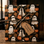 Vintage ghost and pumpkin Halloween wrapping paper with a twine bow and Wrapped Studios tag.