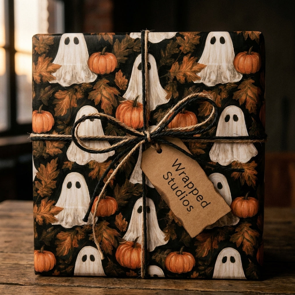 Vintage ghost and pumpkin Halloween wrapping paper with a twine bow and Wrapped Studios tag.
