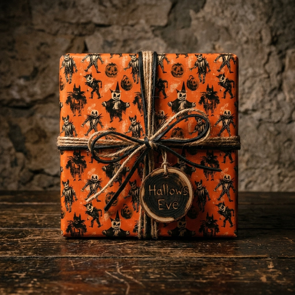 Vintage Halloween wrapping paper with spooky orange monsters and a rustic twine bow by Wrapped Studios.