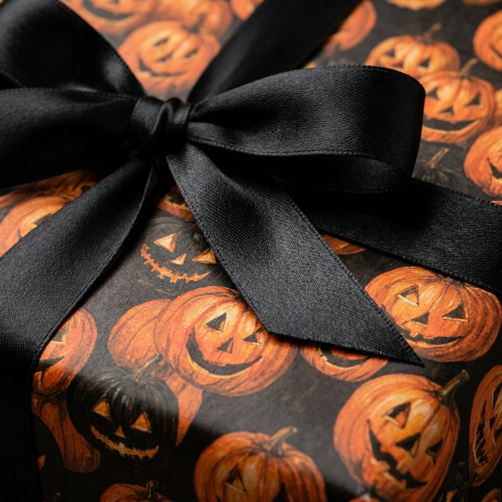 Halloween wrapping paper with orange jack-o'-lantern pumpkins and a black ribbon by Wrapped Studios.