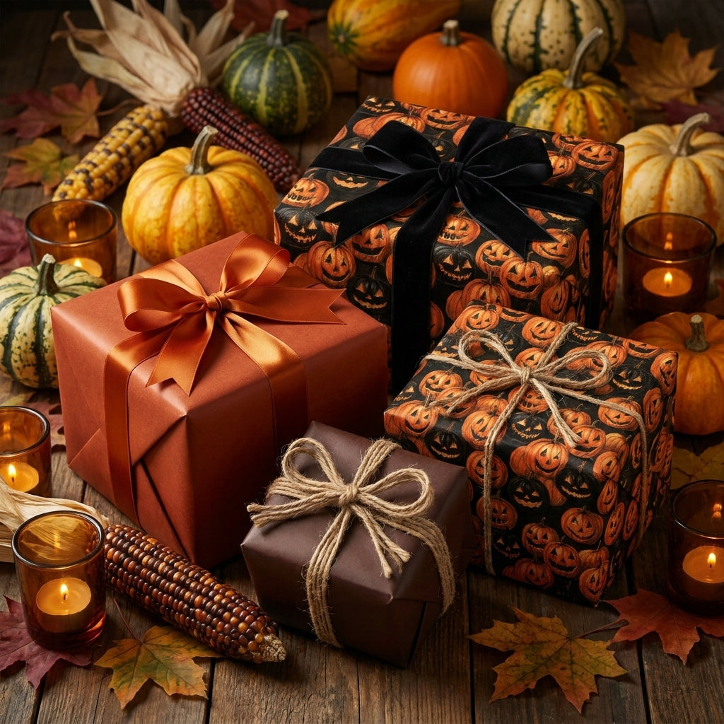 Pumpkin Halloween wrapping paper and luxury fall gift wrap on a rustic table by Wrapped Studios.