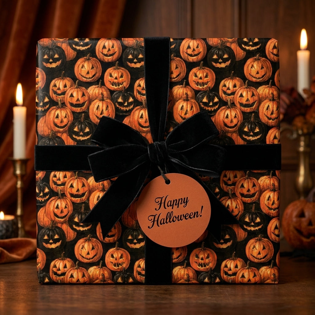 Vintage Halloween wrapping paper with jack-o'-lantern pattern and a black velvet bow by Wrapped Studios.